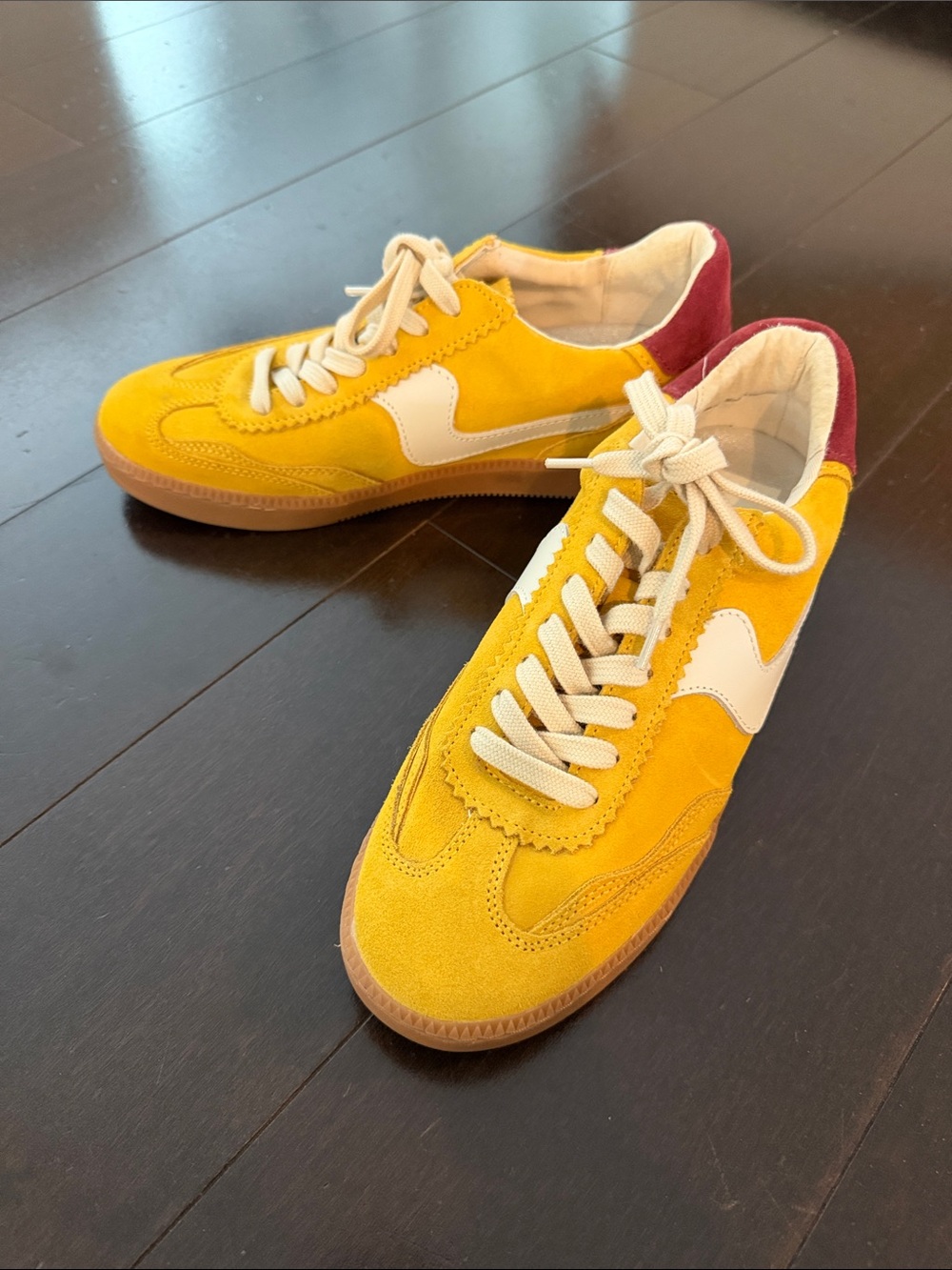 Dolce Vita Yellow Suede Kids Sneakers with White Accent and Maroon Heel
